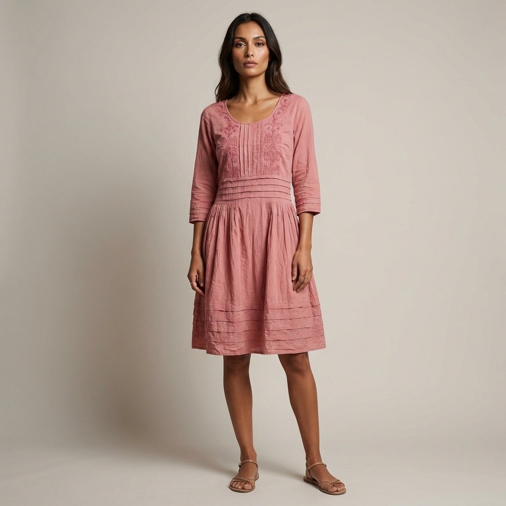 Lazybones‎ Australia Pink Embroidered Pintuck Boho Cotton Dress Womens Medium